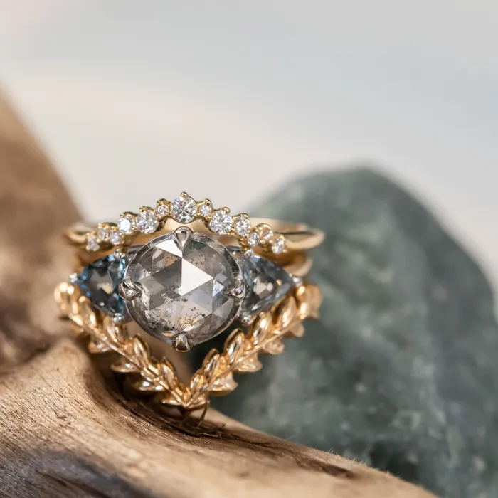 Anueva Jewelry Rings 201ct Rosecut Salt Pepper Diamond and Spinel Three Stone Antique Style Low Profile Ring in twotone 18k Yellow and Platinum