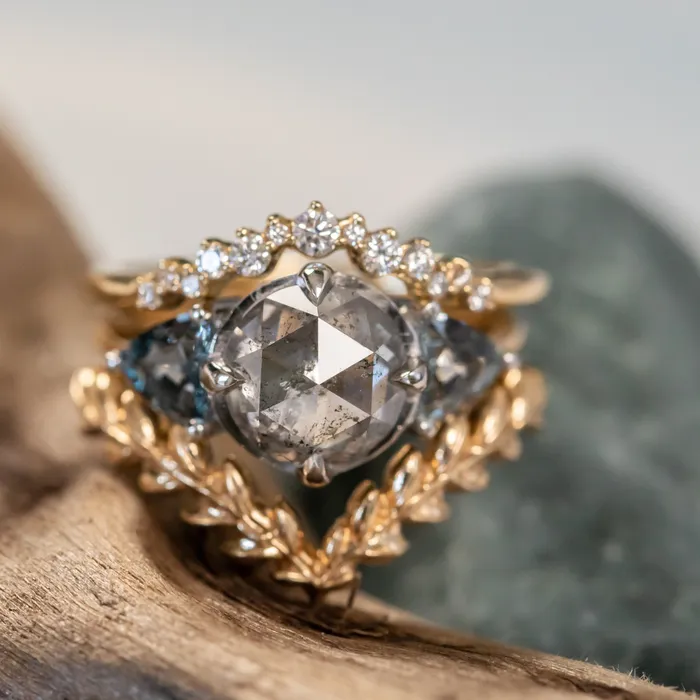 Anueva Jewelry Rings 201ct Rosecut Salt Pepper Diamond and Spinel Three Stone Antique Style Low Profile Ring in twotone 18k Yellow and Platinum