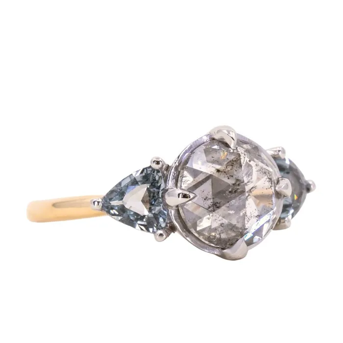 Anueva Jewelry Rings 201ct Rosecut Salt Pepper Diamond and Spinel Three Stone Antique Style Low Profile Ring in twotone 18k Yellow and Platinum