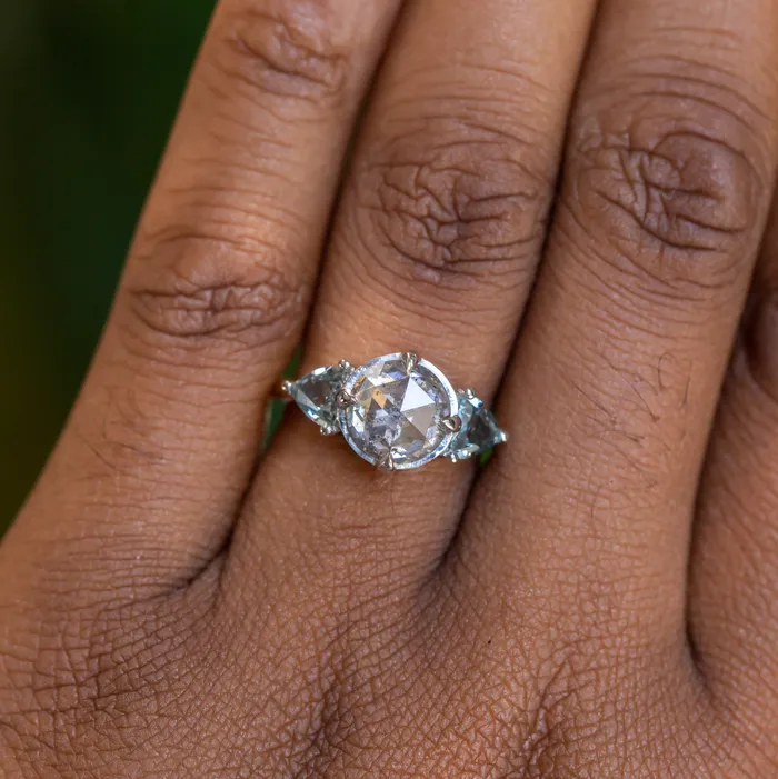 Anueva Jewelry Rings 201ct Rosecut Salt Pepper Diamond and Spinel Three Stone Antique Style Low Profile Ring in twotone 18k Yellow and Platinum