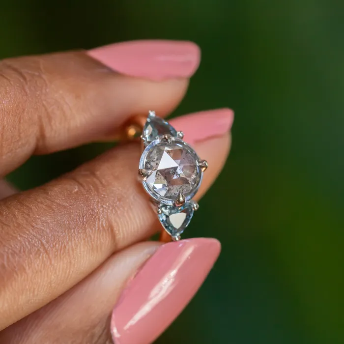 Anueva Jewelry Rings 201ct Rosecut Salt Pepper Diamond and Spinel Three Stone Antique Style Low Profile Ring in twotone 18k Yellow and Platinum
