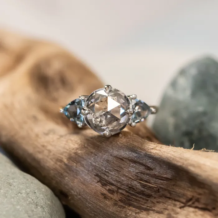 Anueva Jewelry Rings 201ct Rosecut Salt Pepper Diamond and Spinel Three Stone Antique Style Low Profile Ring in twotone 18k Yellow and Platinum