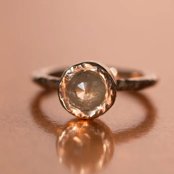 Anueva Jewelry Rings Bezel Rosecut Grey Diamond Ring in Reclaimed Rose Gold Hand Carved Alternative Engagement Ring Anueva Jewelry Rings Bezel Rosecut Grey Diamond Ring in Reclaimed Rose Gold Hand Carved Alternative Engagement Ring