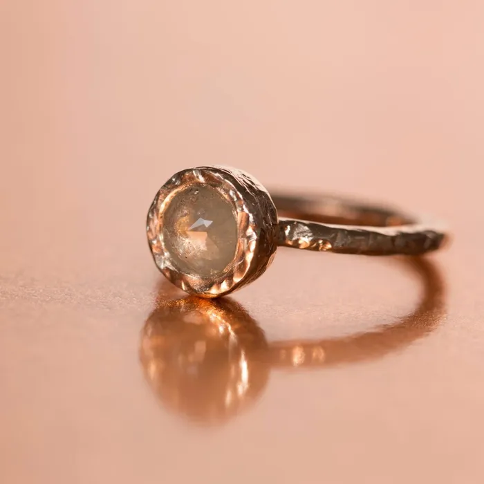 Anueva Jewelry Rings Bezel Rosecut Grey Diamond Ring in Reclaimed Rose Gold Hand Carved Alternative Engagement Ring