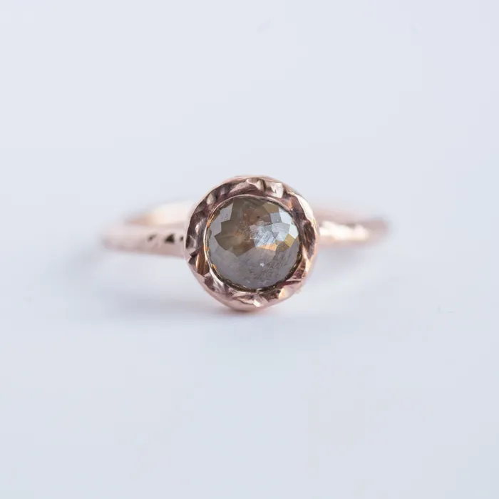 Anueva Jewelry Rings Bezel Rosecut Grey Diamond Ring in Reclaimed Rose Gold Hand Carved Alternative Engagement Ring