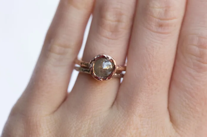 Anueva Jewelry Rings Bezel Rosecut Grey Diamond Ring in Reclaimed Rose Gold Hand Carved Alternative Engagement Ring