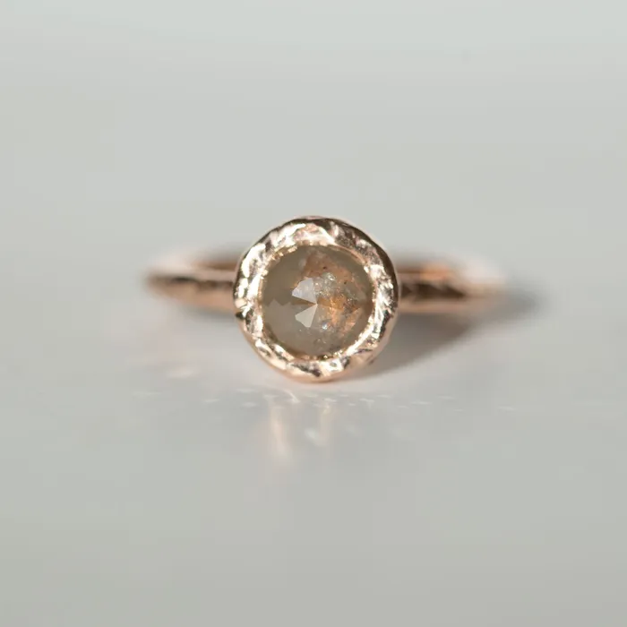 Anueva Jewelry Rings Bezel Rosecut Grey Diamond Ring in Reclaimed Rose Gold Hand Carved Alternative Engagement Ring