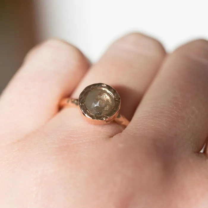 Anueva Jewelry Rings Bezel Rosecut Grey Diamond Ring in Reclaimed Rose Gold Hand Carved Alternative Engagement Ring
