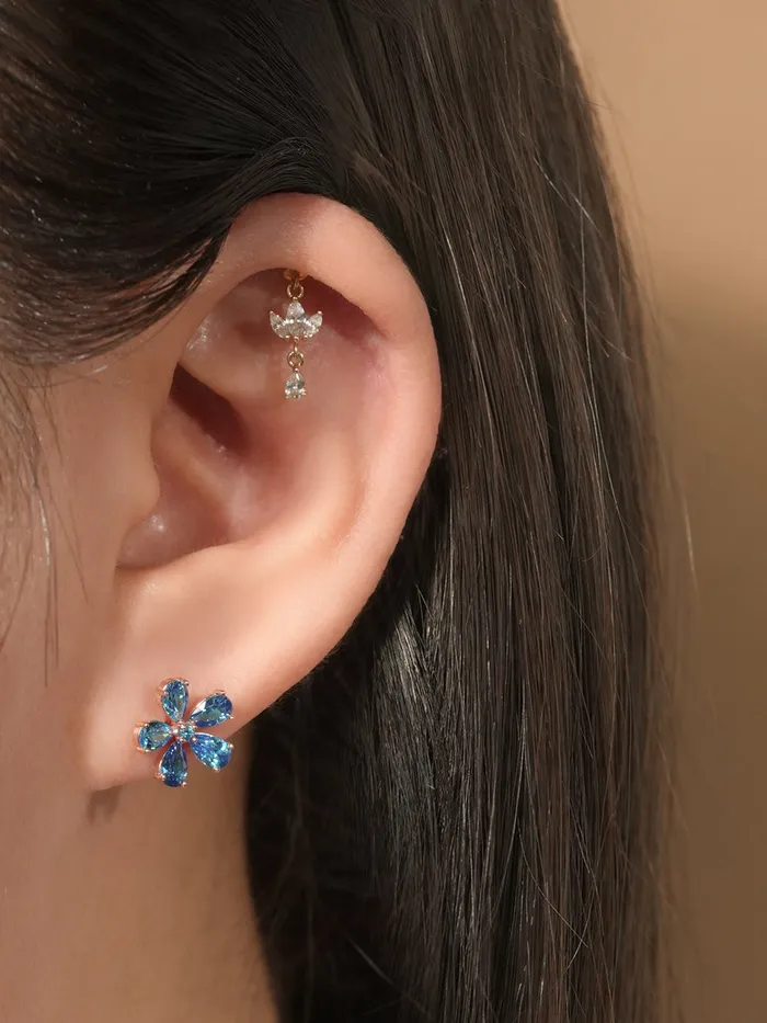 Earrings MinimalBijoux 14K Gold Blue Topaz Flower Cartilage Earring 20G18G16G