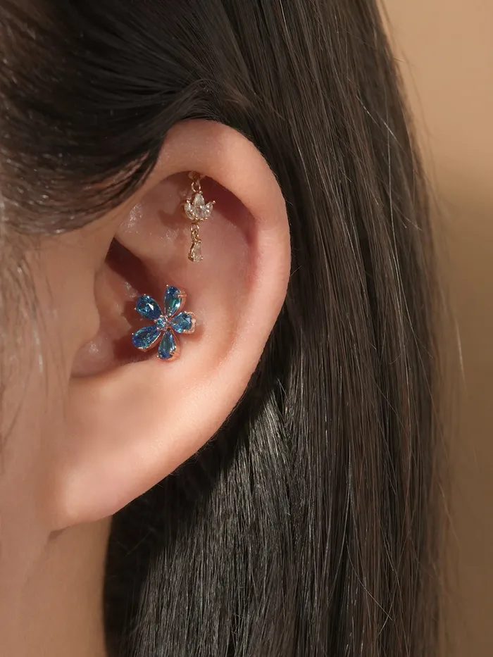 Earrings MinimalBijoux 14K Gold Blue Topaz Flower Cartilage Earring 20G18G16G