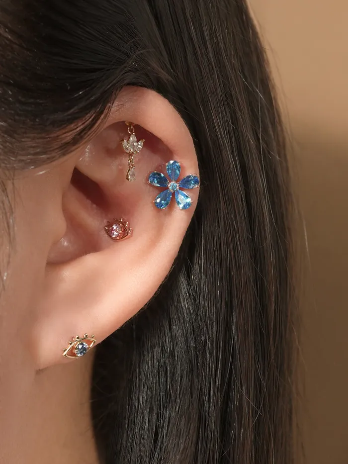 Earrings MinimalBijoux 14K Gold Blue Topaz Flower Cartilage Earring 20G18G16G