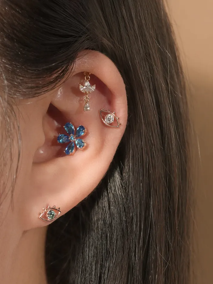 Earrings MinimalBijoux 14K Gold Blue Topaz Flower Cartilage Earring 20G18G16G