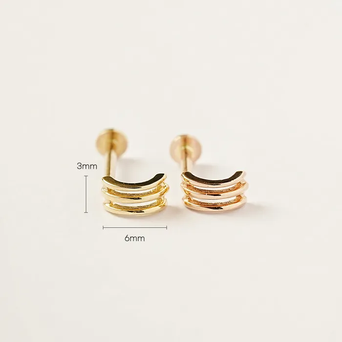 Earrings MinimalBijoux 14K Gold Minimi Triple line half hoop Internally Threaded Labret Piercing 18G16G