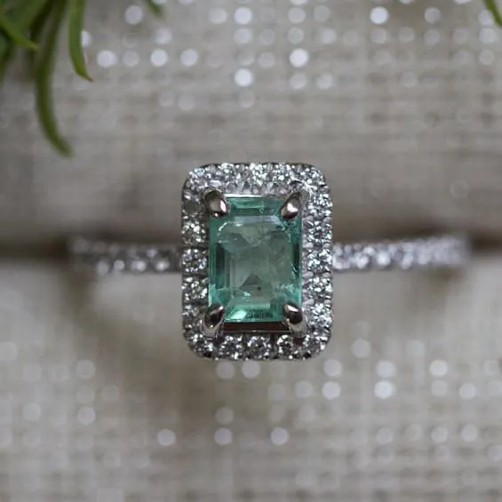 Emerald Engagement Ring Platinum Teal Diamond Emerald Ring Petite Engagement Ring Size 45 Antique Inspired Jewelry by Anueva Jewelry Anueva Jewelry Rings