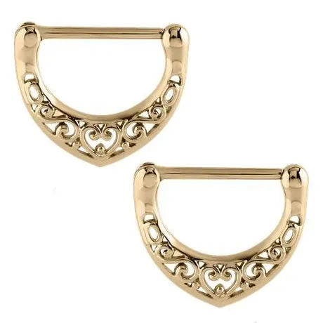 Filigree Heart Zircon Gold Nipple Clickers Tulsa Body Jewelry Necklaces