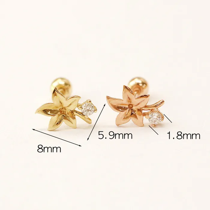 MinimalBijoux Earrings 14K Gold Maple Mini Cubic Cartilage Piercing Earring 20G18G16G
