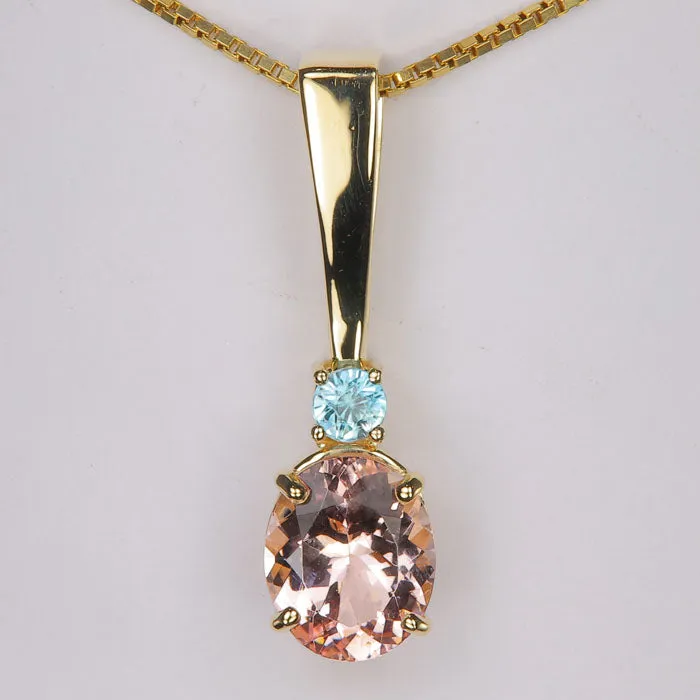 Moriartys Gem Art Necklaces 14K Yellow Gold Morganite and Blue Zircon Pendant 297 Carats Moriartys Gem Art Necklaces 14K Yellow Gold Morganite and Blue Zircon Pendant 297 Carats