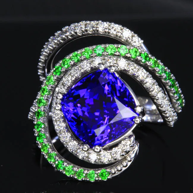 Moriartys Gem Art Rings 14K White Gold Tanzanite Ring with Diamond and Tsavorite Garnets 592 Carats