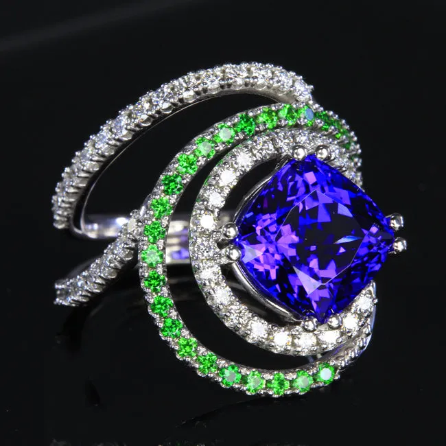 Moriartys Gem Art Rings 14K White Gold Tanzanite Ring with Diamond and Tsavorite Garnets 592 Carats