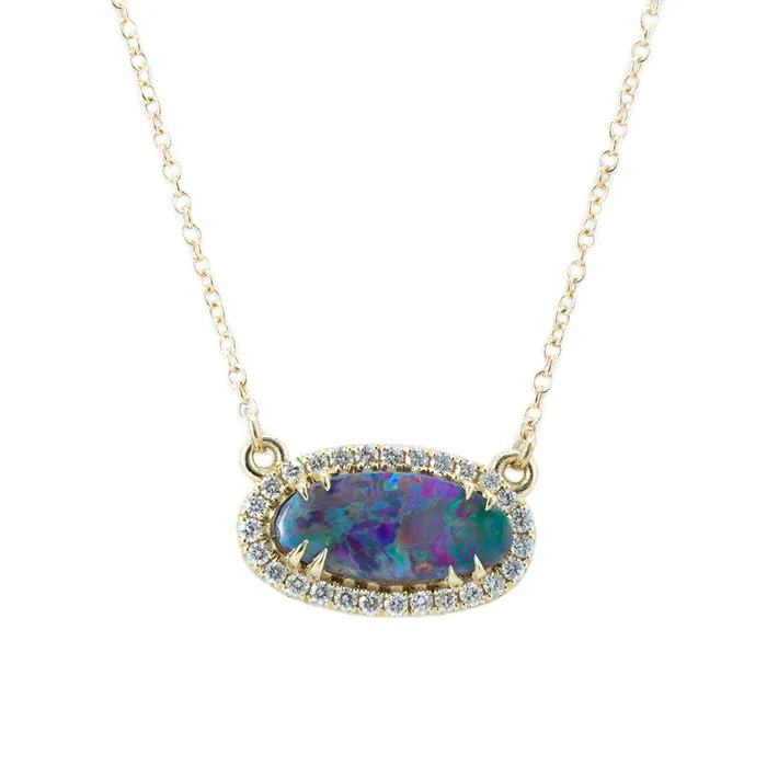 Opal and Diamond Halo Necklace in 14k Yellow Gold 1152x519mm Anueva Jewelry Necklaces Opal and Diamond Halo Necklace in 14k Yellow Gold 1152x519mm Anueva Jewelry Necklaces
