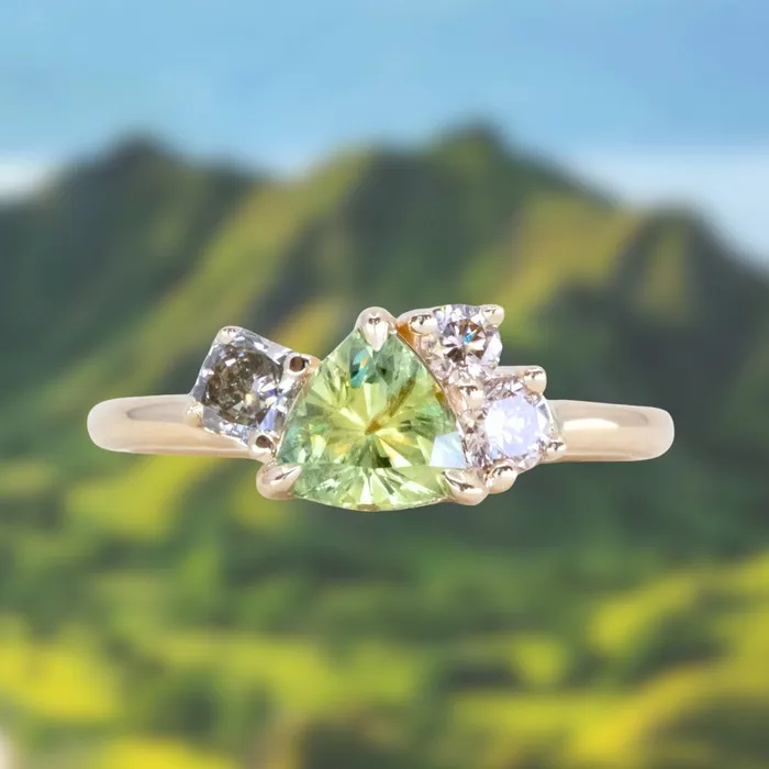 potentate Rings 099ct Trillion Bright Green Montana Sapphire and Natural Diamond Mountainscape Ring in 14k Yellow Gold potentate Rings 099ct Trillion Bright Green Montana Sapphire and Natural Diamond Mountainscape Ring in 14k Yellow Gold