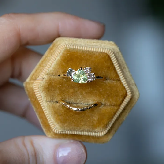 potentate Rings 099ct Trillion Bright Green Montana Sapphire and Natural Diamond Mountainscape Ring in 14k Yellow Gold