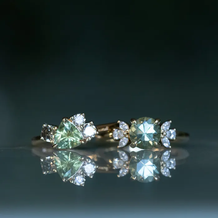 potentate Rings 099ct Trillion Bright Green Montana Sapphire and Natural Diamond Mountainscape Ring in 14k Yellow Gold