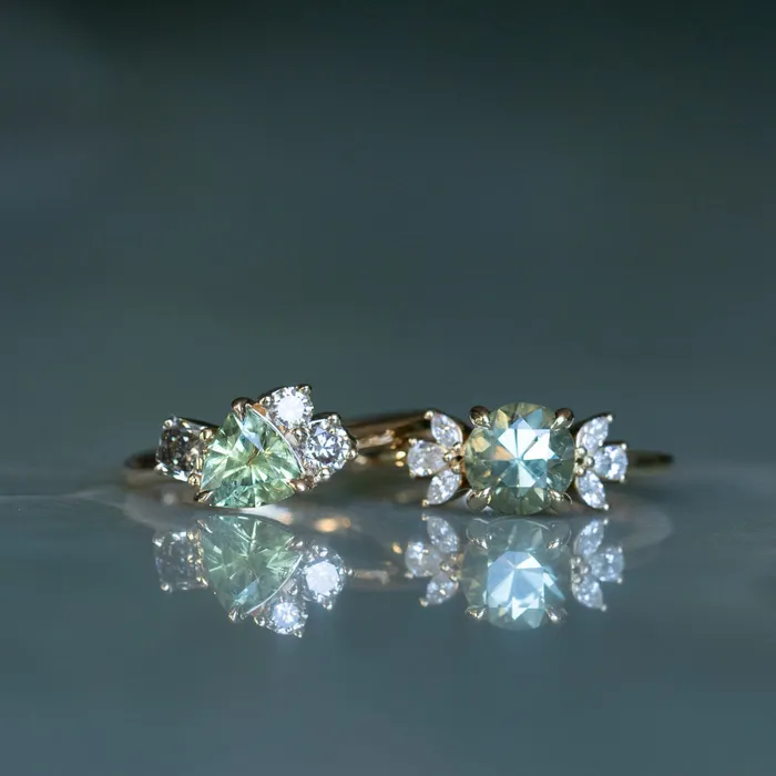 potentate Rings 099ct Trillion Bright Green Montana Sapphire and Natural Diamond Mountainscape Ring in 14k Yellow Gold