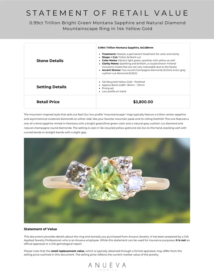 potentate Rings 099ct Trillion Bright Green Montana Sapphire and Natural Diamond Mountainscape Ring in 14k Yellow Gold