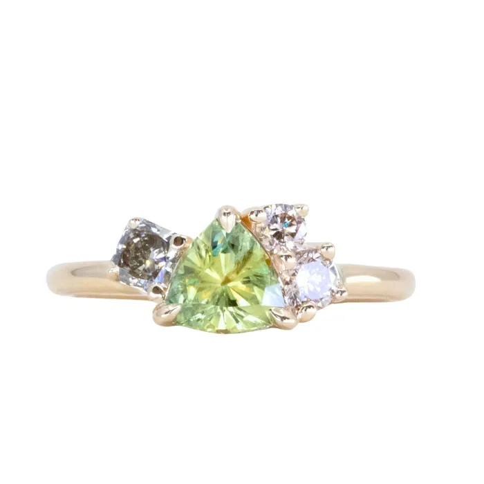 potentate Rings 099ct Trillion Bright Green Montana Sapphire and Natural Diamond Mountainscape Ring in 14k Yellow Gold
