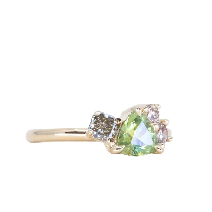 potentate Rings 099ct Trillion Bright Green Montana Sapphire and Natural Diamond Mountainscape Ring in 14k Yellow Gold