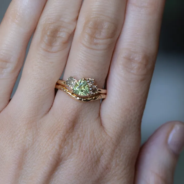 potentate Rings 099ct Trillion Bright Green Montana Sapphire and Natural Diamond Mountainscape Ring in 14k Yellow Gold