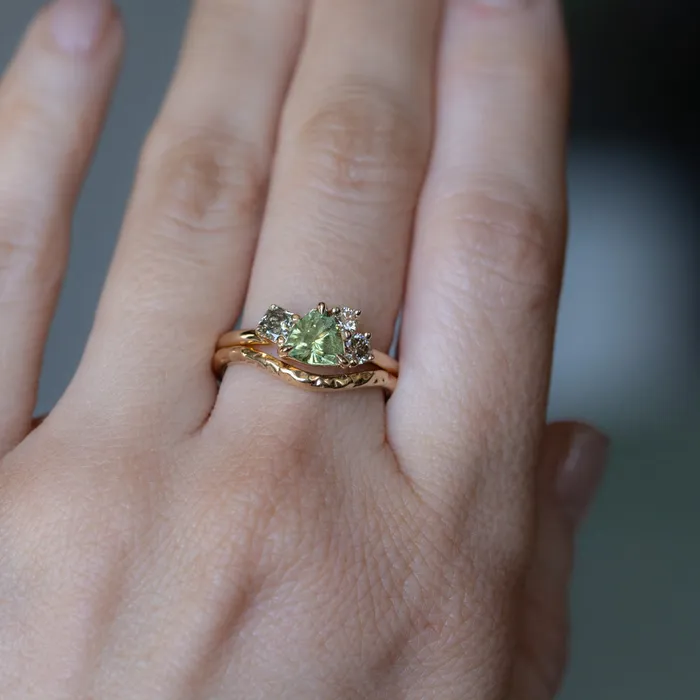potentate Rings 099ct Trillion Bright Green Montana Sapphire and Natural Diamond Mountainscape Ring in 14k Yellow Gold