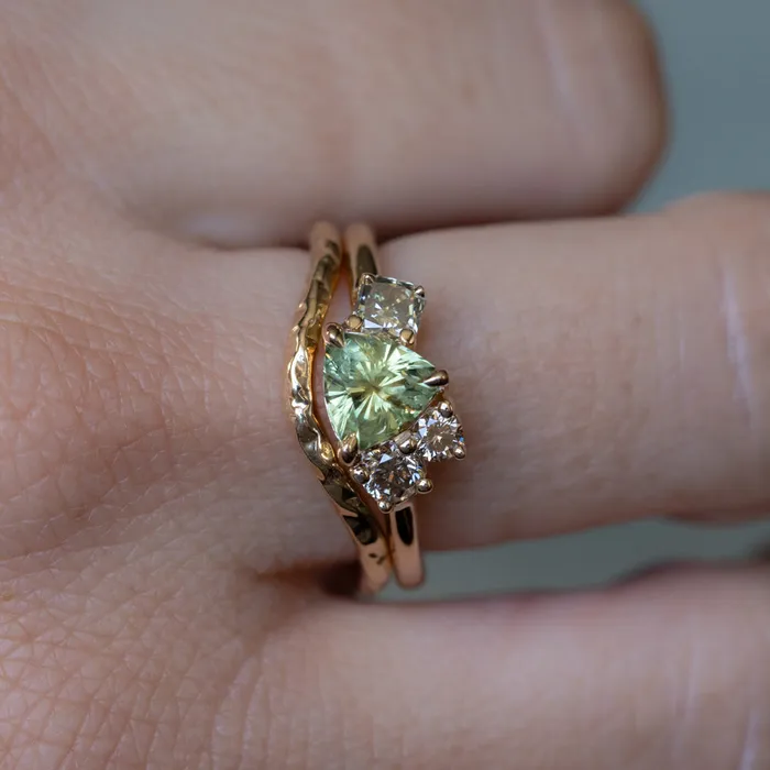 potentate Rings 099ct Trillion Bright Green Montana Sapphire and Natural Diamond Mountainscape Ring in 14k Yellow Gold