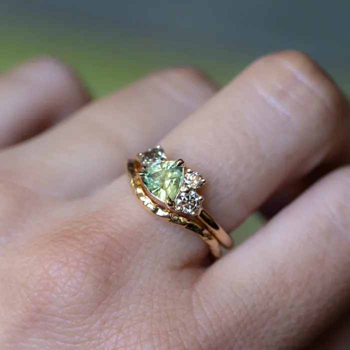potentate Rings 099ct Trillion Bright Green Montana Sapphire and Natural Diamond Mountainscape Ring in 14k Yellow Gold