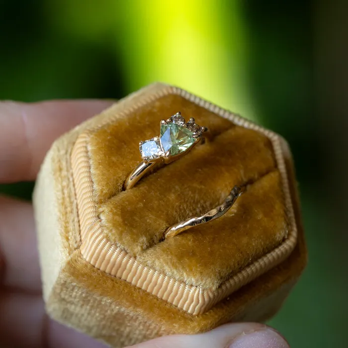 potentate Rings 099ct Trillion Bright Green Montana Sapphire and Natural Diamond Mountainscape Ring in 14k Yellow Gold