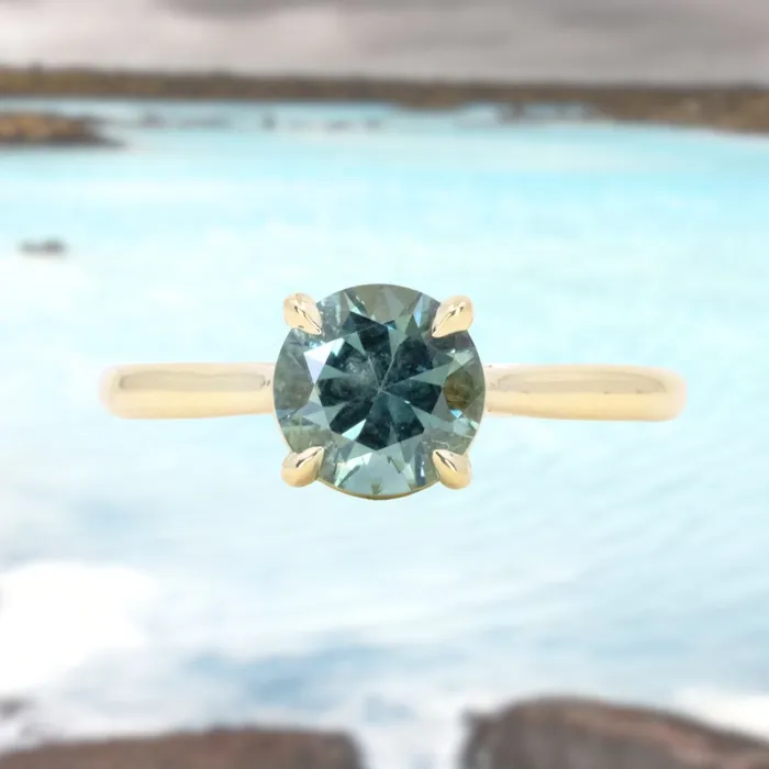 PreStyled Sets Anueva Jewelry 166ct Round Untreated Montana Sapphire Four Prong Cathedral Solitaire in 18k Yellow Gold PreStyled Sets Anueva Jewelry 166ct Round Untreated Montana Sapphire Four Prong Cathedral Solitaire in 18k Yellow Gold