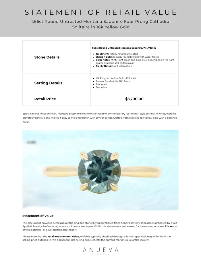 PreStyled Sets Anueva Jewelry 166ct Round Untreated Montana Sapphire Four Prong Cathedral Solitaire in 18k Yellow Gold
