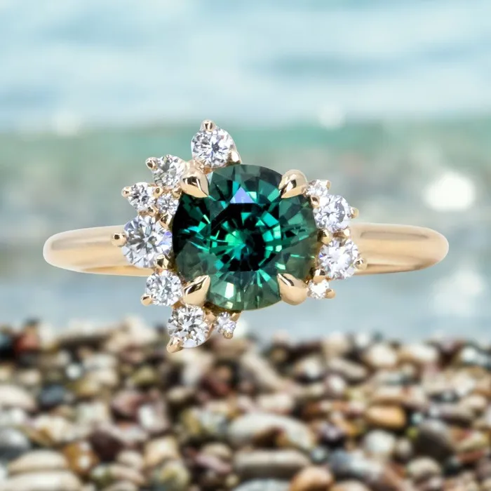 Rings 178ct Round Teal Madagascar Sapphire and Diamond Asymmetrical Cluster Ring in 14k Yellow Gold Ran