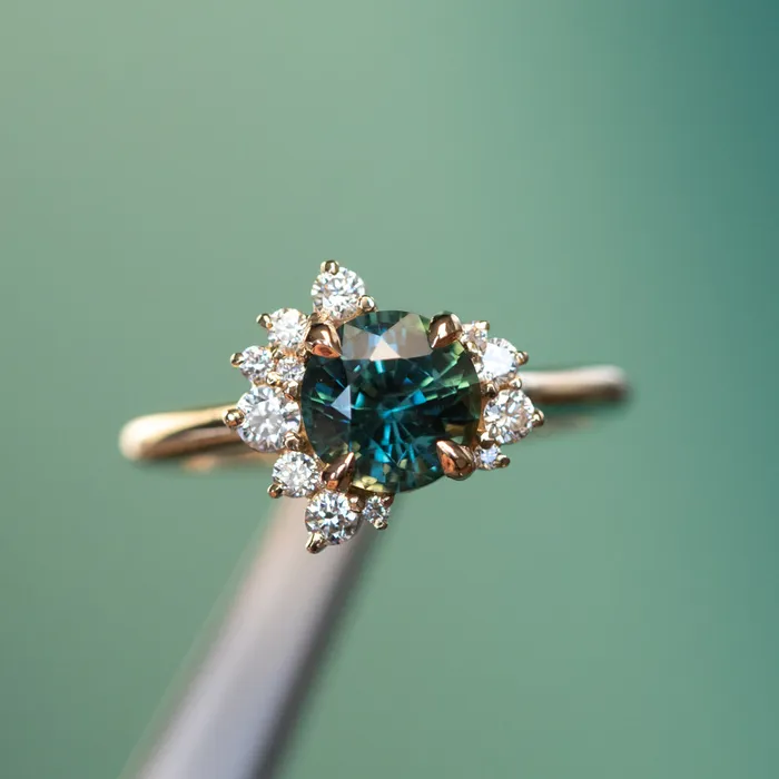 Rings 178ct Round Teal Madagascar Sapphire and Diamond Asymmetrical Cluster Ring in 14k Yellow Gold Ran