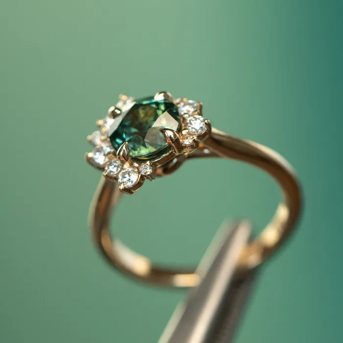 Rings 178ct Round Teal Madagascar Sapphire and Diamond Asymmetrical Cluster Ring in 14k Yellow Gold Ran