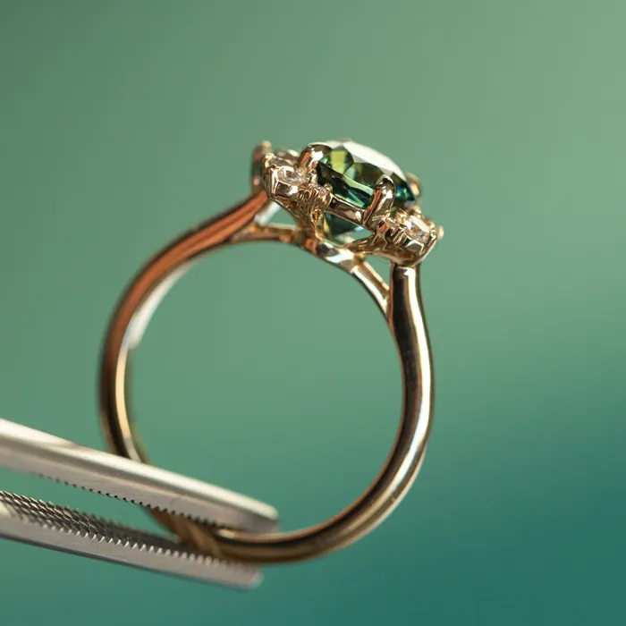 Rings 178ct Round Teal Madagascar Sapphire and Diamond Asymmetrical Cluster Ring in 14k Yellow Gold Ran