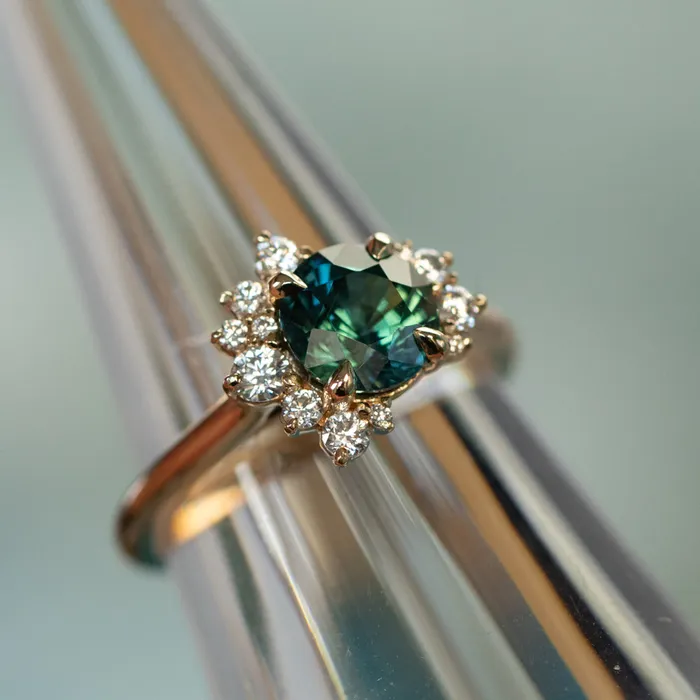 Rings 178ct Round Teal Madagascar Sapphire and Diamond Asymmetrical Cluster Ring in 14k Yellow Gold Ran