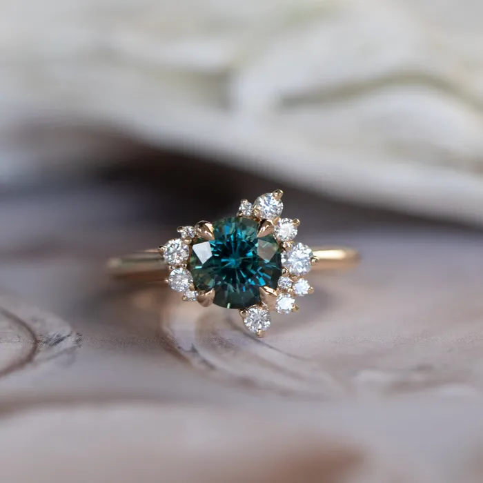 Rings 178ct Round Teal Madagascar Sapphire and Diamond Asymmetrical Cluster Ring in 14k Yellow Gold Ran