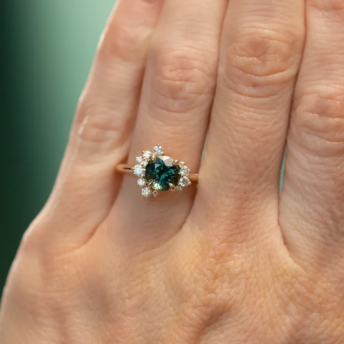 Rings 178ct Round Teal Madagascar Sapphire and Diamond Asymmetrical Cluster Ring in 14k Yellow Gold Ran