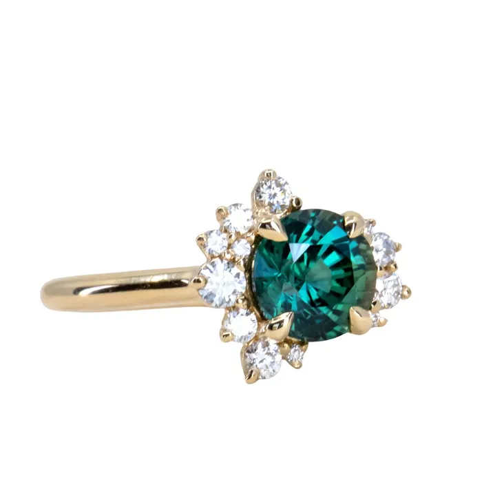 Rings 178ct Round Teal Madagascar Sapphire and Diamond Asymmetrical Cluster Ring in 14k Yellow Gold Ran