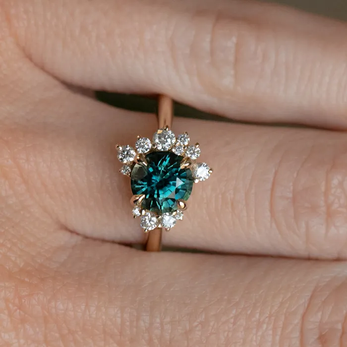Rings 178ct Round Teal Madagascar Sapphire and Diamond Asymmetrical Cluster Ring in 14k Yellow Gold Ran