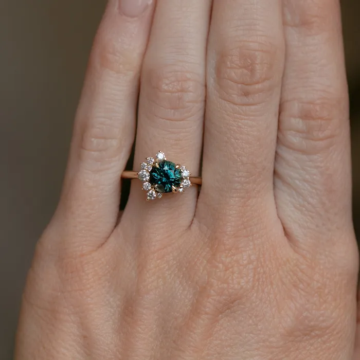 Rings 178ct Round Teal Madagascar Sapphire and Diamond Asymmetrical Cluster Ring in 14k Yellow Gold Ran