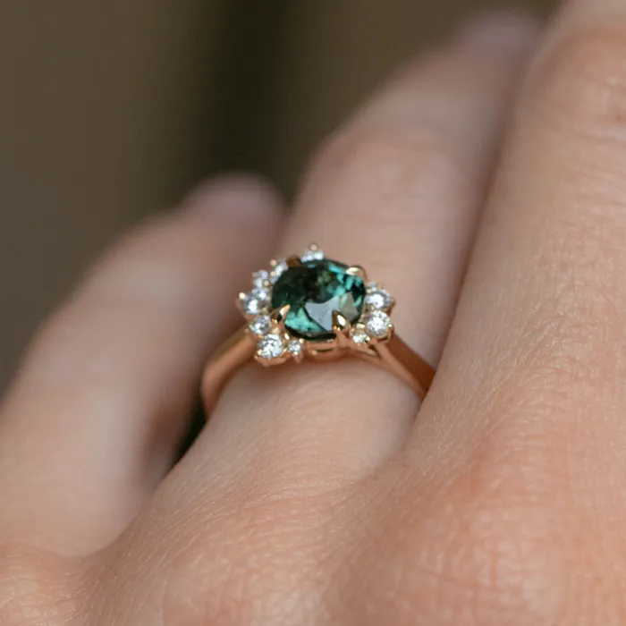 Rings 178ct Round Teal Madagascar Sapphire and Diamond Asymmetrical Cluster Ring in 14k Yellow Gold Ran