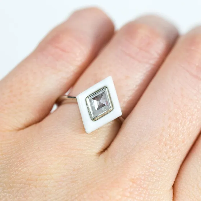 Rings Anueva Jewelry 064ct Rosecut Diamond and White Onyx Gemstone Halo Ring White Onyx Art Deco Ring in 14k White Gold